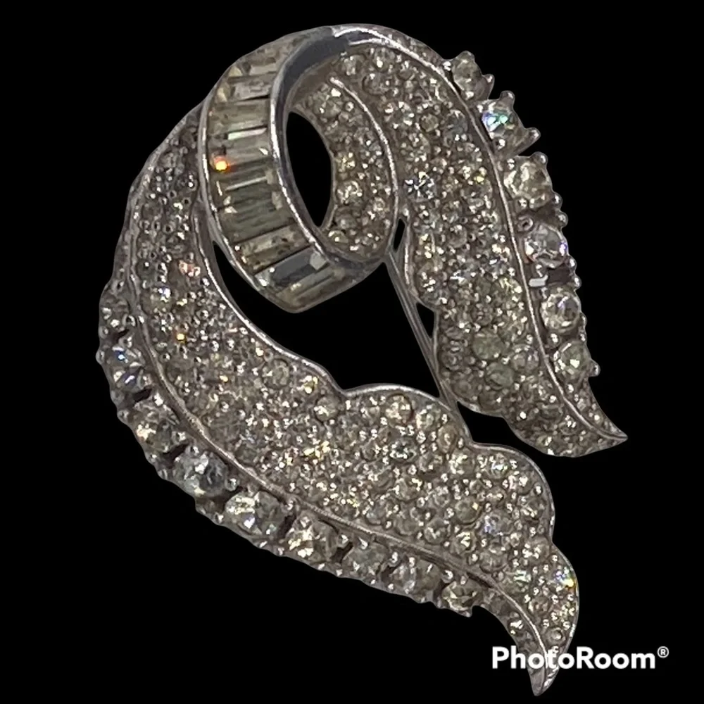 Vintage Jomaz Rhinestone Double  Leaf Brooch